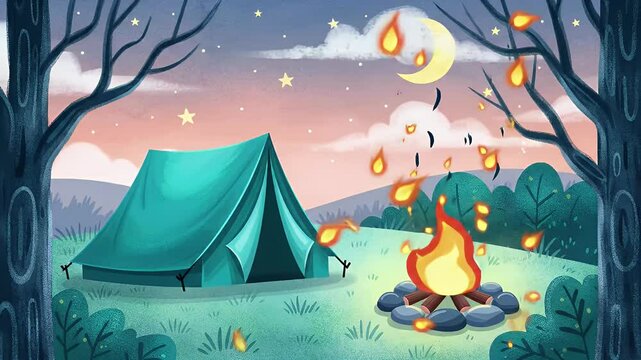 Cartoon Camping Scene with Teal Tent Campfire Under a Starry Night Sky Pixel Art Style