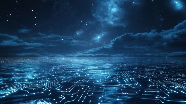 Night sky above circuit board city