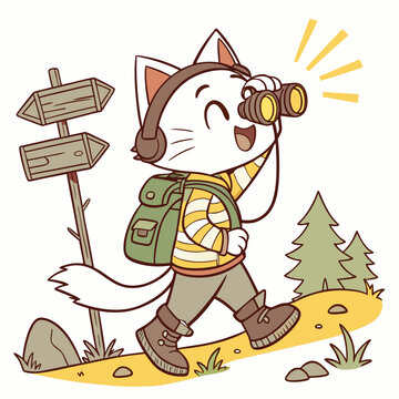 Naklejki Amused Cat with wearing headphones, set in a charming Forest adventure theme – Evergreen Trails color vector art