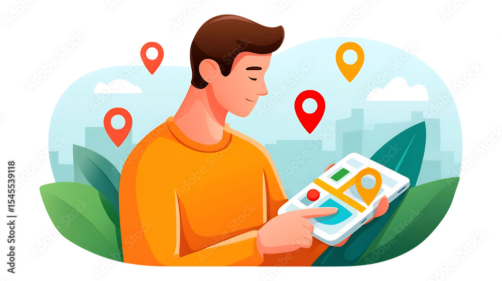 Poster man using map app location pin gps navigation travel destination route find direction search journey