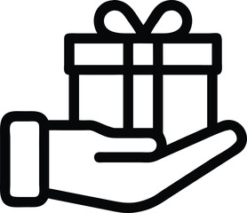 Outline illustration of a hand presenting a wrapped gift box with a ribbon bow for giving. gift, present, giving, hand, gift box, ribbon, bow.