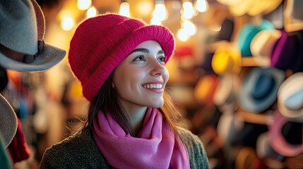 Woman in a pink hat and scarf, browsing a shop filled with hats