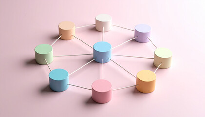 Fototapeta premium Connected Collaboration: A visually compelling arrangement of pastel-colored cylinders interlinked by delicate lines, symbolizing collaboration and connectivity on a soft pink backdrop.