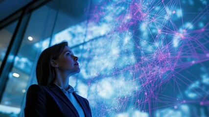 Woman in suit looks at futuristic network display, thoughtful expression - Powered by Adobe