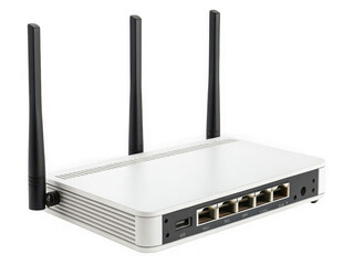 Fototapeta premium White wireless router with black antennas, isolated on black background, technology device, internet connection