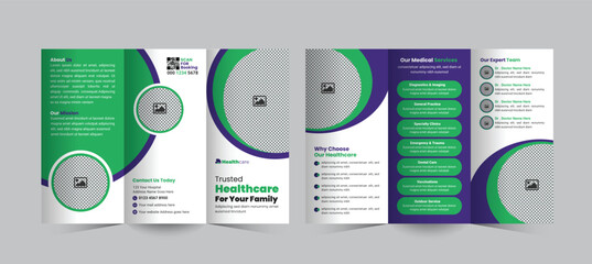 Medical and healthcare trifold brochure design template to promote clinic and hospital services, showcase key offerings, and increase patient engagement through a clean, professional layout