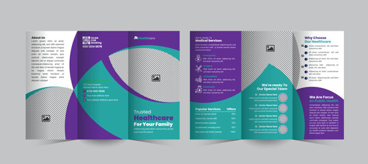 Medical and healthcare trifold brochure design template to promote  clinic and hospital services, showcase key offerings, and increase patient engagement through a clean, professional layout
