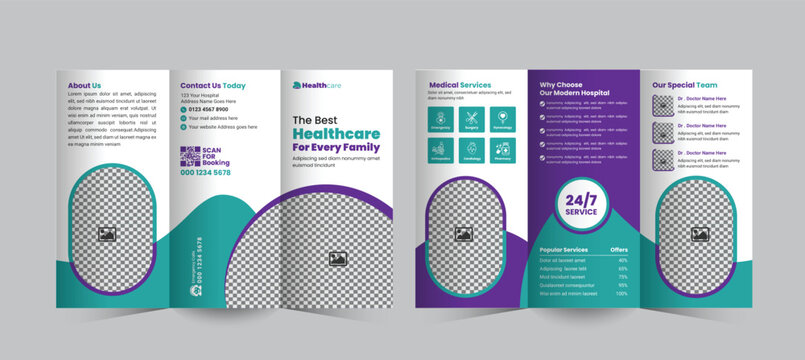 Medical and healthcare trifold brochure design template to promote  clinic and hospital services, showcase key offerings, and increase patient engagement through a clean, professional layout