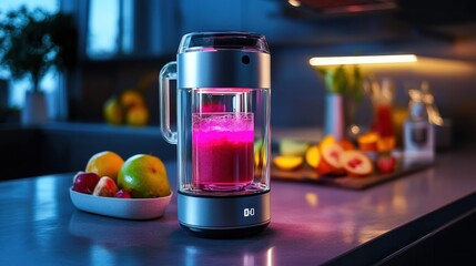 Futuristic countertop blender creating a vibrant pink health drink