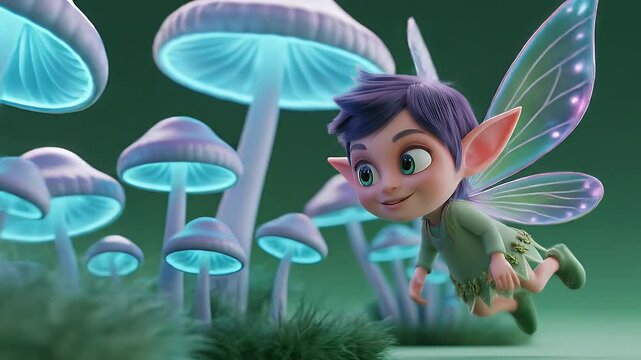 Cartoon Fairy in Flight near Glowing Mushrooms Isolated on Green Screen Rendered with a Side View For Animation and Game Asset Applications