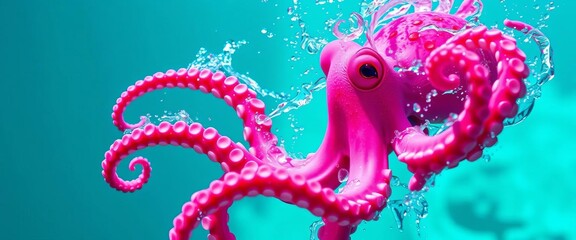 Playful pink octopus playfully splashing in turquoise ocean water,  happy octopus,  playful