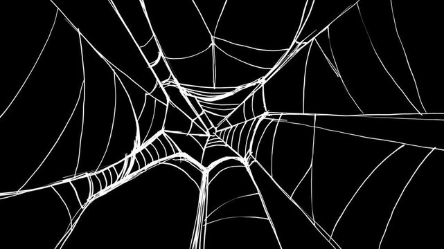 Cartoon white spider web spins on black screen. Hand-drawn horror transition with alpha in 4K, ideal for spooky edits and scary scene changes.