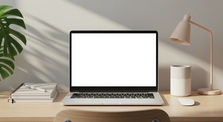 Fototapeta premium Minimalist Workspace with Laptop and Plant on Light Wooden Desk
