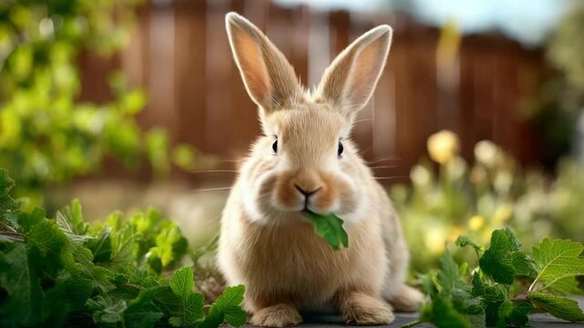 Cute fluffy rabbit nibbling green leaves in a sunny garden with blurred background of nature