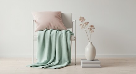 Cozy Living Room Setup with Pastel Pillow, Throw, and Flowers