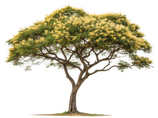 Obraz premium Large flowering tree with yellow blossoms isolated on black background