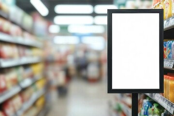 Blank advertising mockup for advertisement at the supermarket. Mockup white poster with black frame stand in front of blur department store, background for show or present promotion product concept.