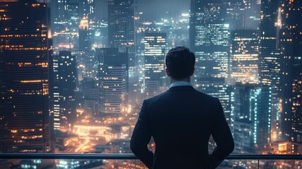 Businessman gazing at a futuristic cityscape at night from a high-rise balcony, cinematic view