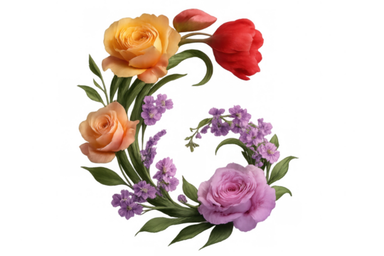 Number six made of roses, tulips, and small purple flowers forming a decorative design, isolated on transparent background