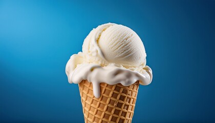 two scoops of vanilla ice cream on top ice cream cone blue background