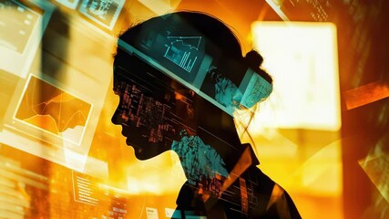 Woman analyzing data on transparent screens, futuristic interface, digital overlay, modern technology, data visualization, information analysis - Powered by Adobe