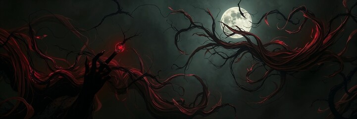 Dark hand with red glowing tendril holding magical orb, a full moon in the background, a scary Halloween banner.