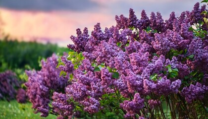 Obraz premium thick clusters of blooming purple lilac flowers on bushes outdoor nature photography