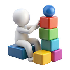 Stick figure building tower with colorful blocks isolated on transparent background