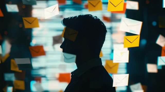 Silhouette of a man surrounded by floating email icons, symbolizing information overload and digital communication in a modern, stylized setting.