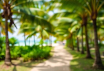 Soft focus, lush green park, blurred beach, tropical coconut trees, bokeh effect,  focus,  summer