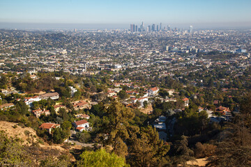 Downtown and the city from Griffith Park bservatory hills and landscape, Los Angeles, CA, United States