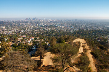 Downtown and the city from Griffith Park bservatory hills and landscape, Los Angeles, CA, United States