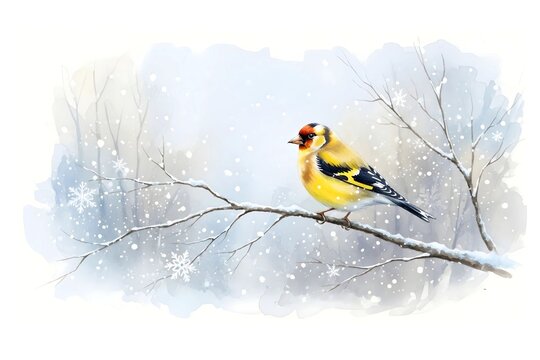 European Goldfinch Watercolor Painting - Blue Background Wall Art