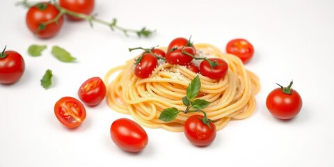 Simple pasta dish, red tomatoes on white background, ingredient, white