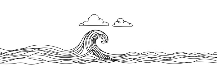 Wave one line drawing. Ocean wave one continuous line drawing . Water wave layer . Sea waves seamless pattern .