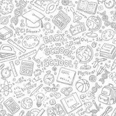 Black and White Hand-Drawn Education Doodle Illustration with Science, Math, and School Symbols