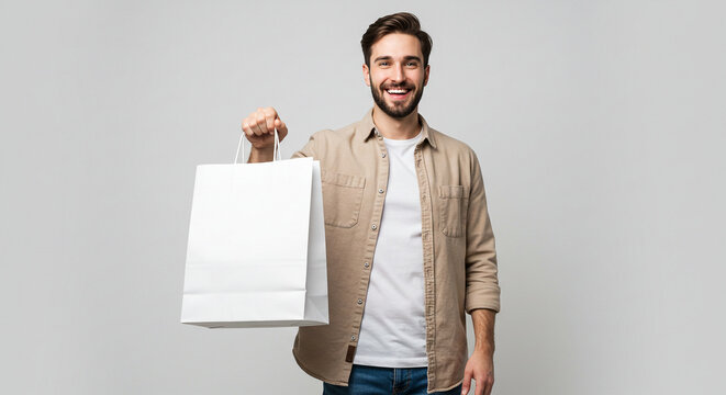 Happy man holding white shopping bag smiling at camera