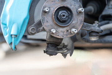 Car automobile warranty and service concept, Close up Front ball joint of car is damaged from use...