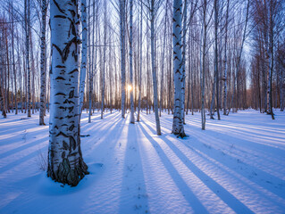 Sunlight breaks through tall birch trees in a snowy forest, creating long shadows on the ground during early morning. Generative AI.