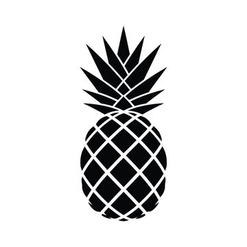 A black and white illustration of a pineapple with detailed cross-hatching on its body and spiky leaves.
