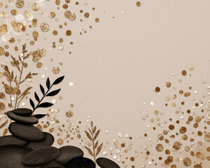 Elegant arrangement of black stones and golden decorative elements on neutral background