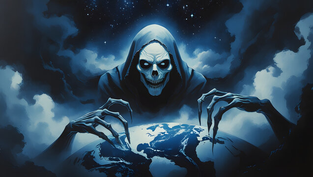 Grim Reaper figure looming over Earth, with skeletal hands reaching down, set against a dark, cloudy, and starry background.