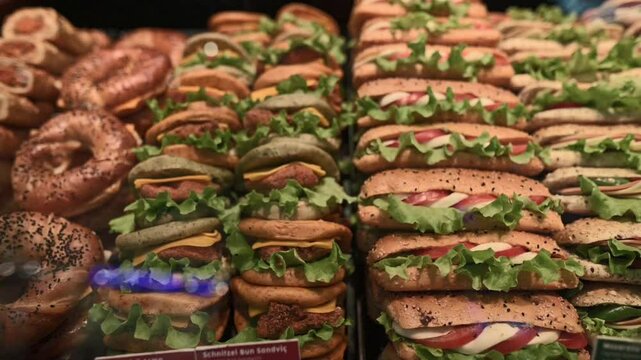 Close-up of fresh sandwiches and pretzels in rows on a food counter
