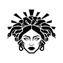 Medusa head with snakes, stylized black and white illustration.