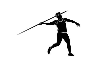 Silhouette of Male Athlete Throwing Spear During Competition Isolated on White Background