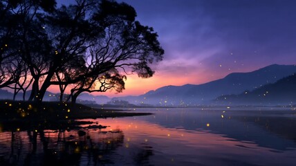 Serene Twilight Landscape with Silhouetted Trees and Reflections on Calm Water