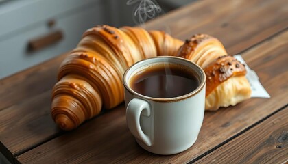 Steaming cappuccino in a ceramic cup beside a flaky croissant on a rustic wooden table,  delicious,  morning