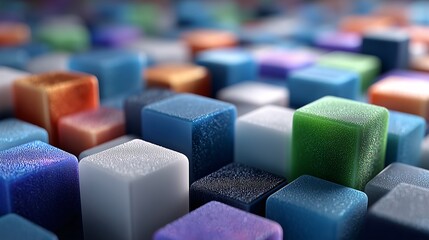 Textured 3D cubes with condensation effect on vibrant blurred background.