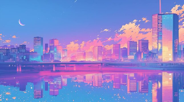 ネオンが美しく輝く1980年代風レトロポップな都会の満月夜景・青とピンクの色合いがノスタルジックで幻想的な都市イラスト背景素材・未来的なエモさ溢れる夜の街並み・美しい都市風景