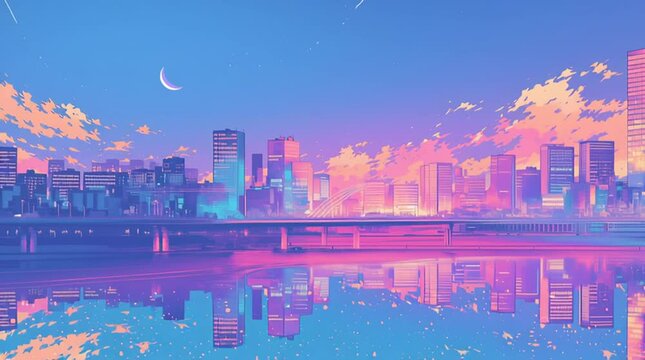 ネオンが美しく輝く1980年代風レトロポップな都会の満月夜景・青とピンクの色合いがノスタルジックで幻想的な都市イラスト背景素材・未来的なエモさ溢れる夜の街並み・美しい都市風景